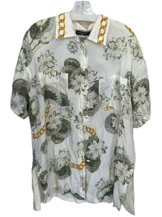 Louis Feraud Size 12 Cream & Green Silk Chain Print Lily pad Collar Top Cream & Green / 12