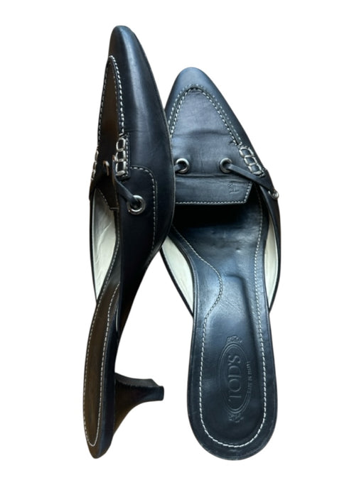 Tod's Shoe Size 8.5 Black & Silver Leather Kitten Heel Stitching Detail Mules Black & Silver / 8.5