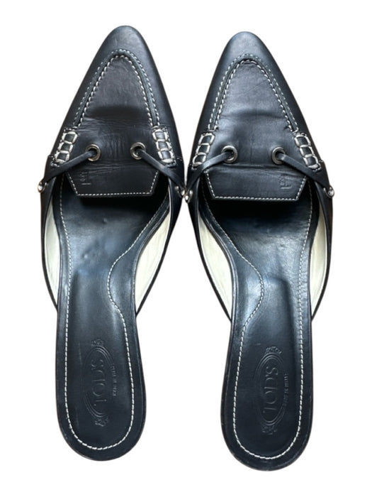 Tod's Shoe Size 8.5 Black & Silver Leather Kitten Heel Stitching Detail Mules Black & Silver / 8.5