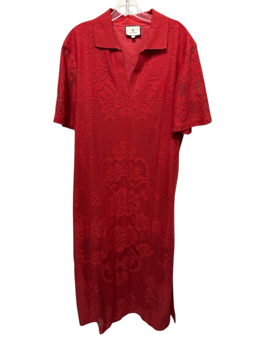 Tuckernuck Size XL Red Polyester & Cotton Crochet Lace Short Sleeve Collar Dress Red / XL