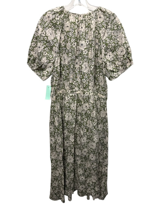 Brooks Brothers Size XL Green & Beige Linen Floral Short Puff Sleeve Dress Green & Beige / XL