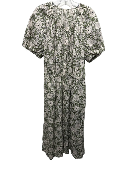 Brooks Brothers Size XL Green & Beige Linen Floral Short Puff Sleeve Dress Green & Beige / XL
