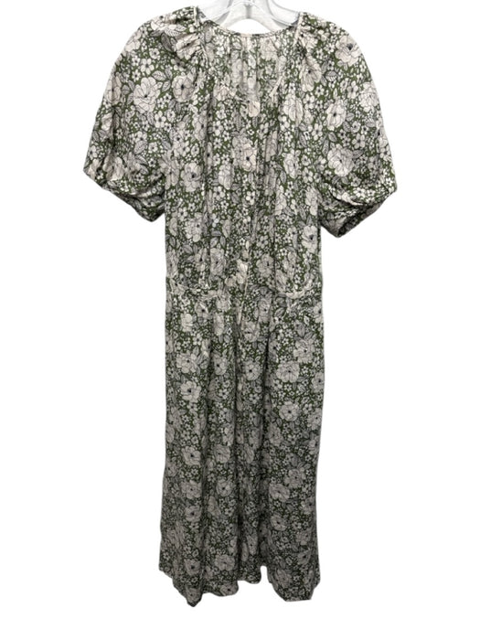 Brooks Brothers Size XL Green & Beige Linen Floral Short Puff Sleeve Dress Green & Beige / XL
