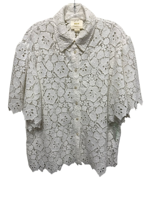 Maeve Size L White Polyester Crochet Lace Short Sleeve Collar Button Down Top White / L