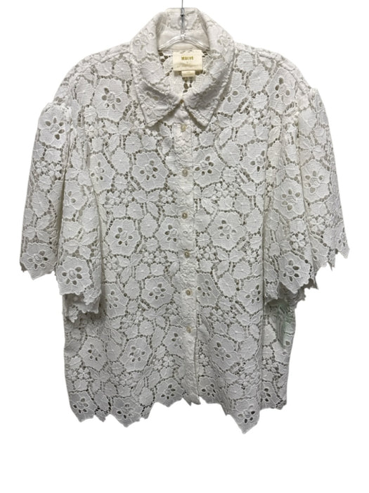 Maeve Size L White Polyester Crochet Lace Short Sleeve Collar Button Down Top White / L