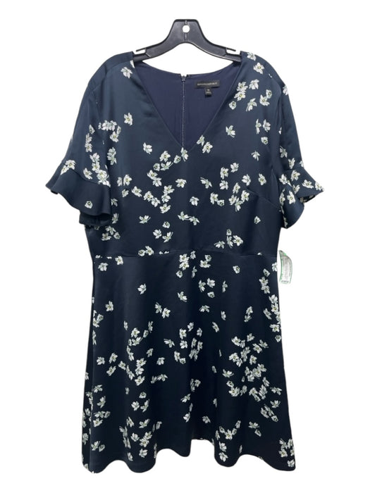 Banana Republic Size 18 Navy & white Polyester V Neck Floral Short Sleeve Dress Navy & white / 18