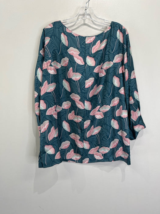 Lafayette 148 Size 12 Blue & Pink Silk 3/4 Sleeve Floral Wide Neck Top