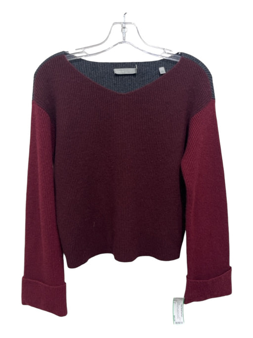 Vince Size S Burgundy & Gray Cashmere Round Neck Rib Knit Colorblock Sweater Burgundy & Gray / S