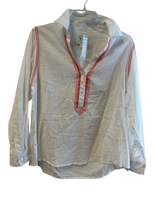 Sigrid Olsen Size M White & Coral Cotton Collared V Neck 3/4 Button Top White & Coral / M