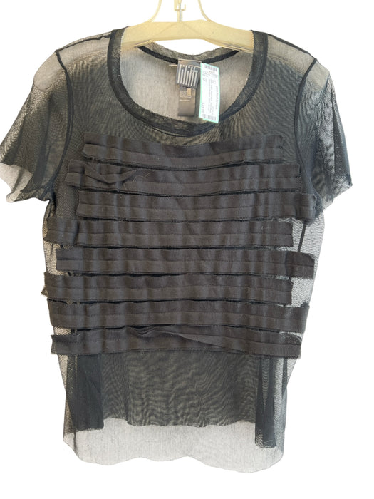 Lilith Size M Black Cotton Round Neck Sheer Mesh Gathered short sleeve Top Black / M