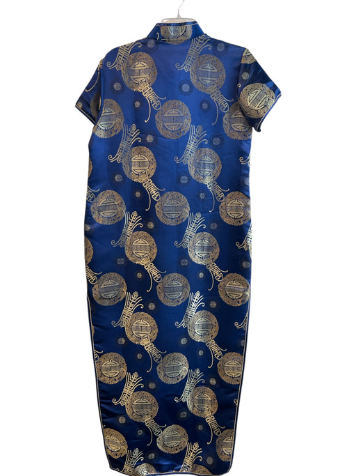 Isrida Size XL Blue & Gold No Fabric Tag Brocade Mandarin Collar Side Slit Dress Blue & Gold / XL