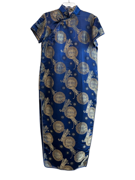 Isrida Size XL Blue & Gold No Fabric Tag Brocade Mandarin Collar Side Slit Dress Blue & Gold / XL