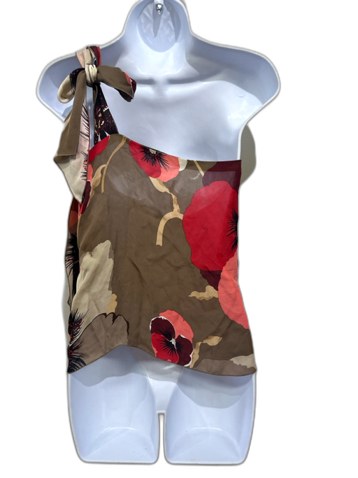 Gucci Size M / 38 Brown, Red & Pink Silk Tropical Floral One Shoulder Draped Top Brown, Red & Pink / M / 38