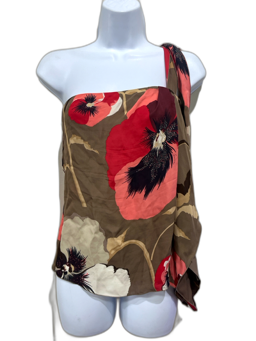 Gucci Size M / 38 Brown, Red & Pink Silk Tropical Floral One Shoulder Draped Top Brown, Red & Pink / M / 38