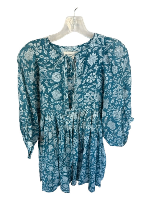 Daughters of India Size XS Teal & White Cotton Long Balloon Sleeve V Neck Dress Teal & White / XS