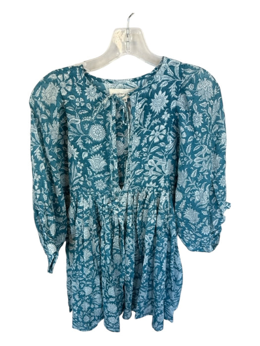 Daughters of India Size XS Teal & White Cotton Long Balloon Sleeve V Neck Dress Teal & White / XS