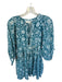 Daughters of India Size XS Teal & White Cotton Long Balloon Sleeve V Neck Dress Teal & White / XS