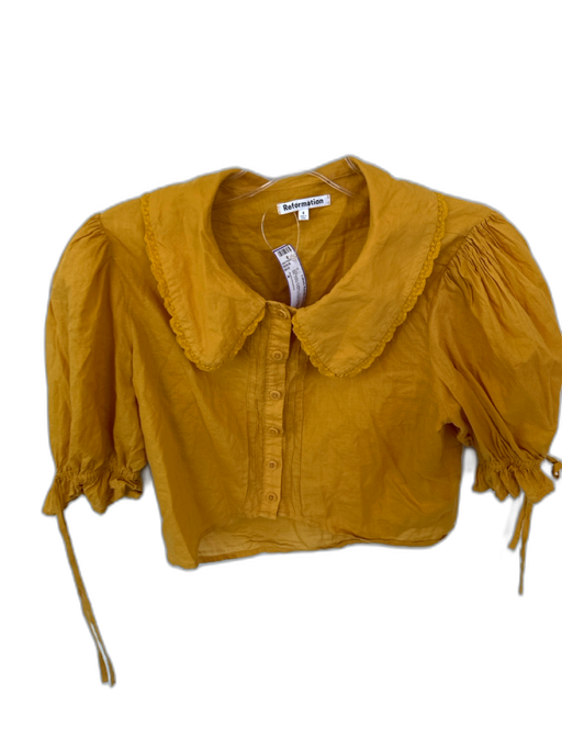 Reformation Size 4 Marigold Cotton Short Balloon Sleeve Bib Lace Trim Top Marigold / 4