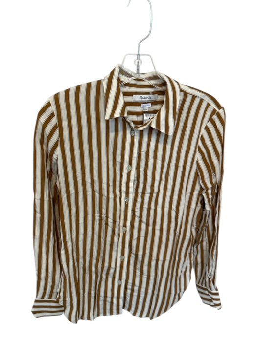 Madewell Size XS Tan & White Viscose Stripe Button Up Collar front pocket Top Tan & White / XS