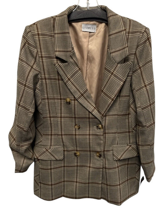 Lioness Size S Beige, Brown & Black Polyester Double Breasted Houndstooth Jacket Beige, Brown & Black / S