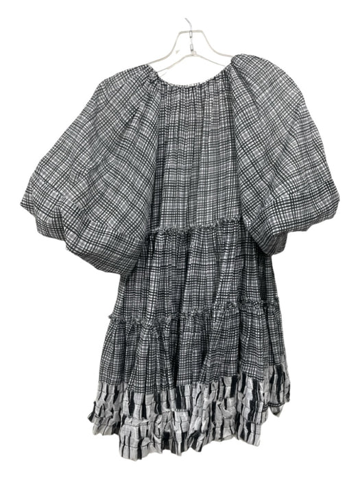 Aje. Size 8 Black & White Cotton V Neck Plaid Raw Hem Puff Sleeve Dress Black & White / 8