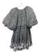 Aje. Size 8 Black & White Cotton V Neck Plaid Raw Hem Puff Sleeve Dress Black & White / 8