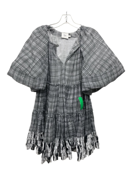 Aje. Size 8 Black & White Cotton V Neck Plaid Raw Hem Puff Sleeve Dress Black & White / 8