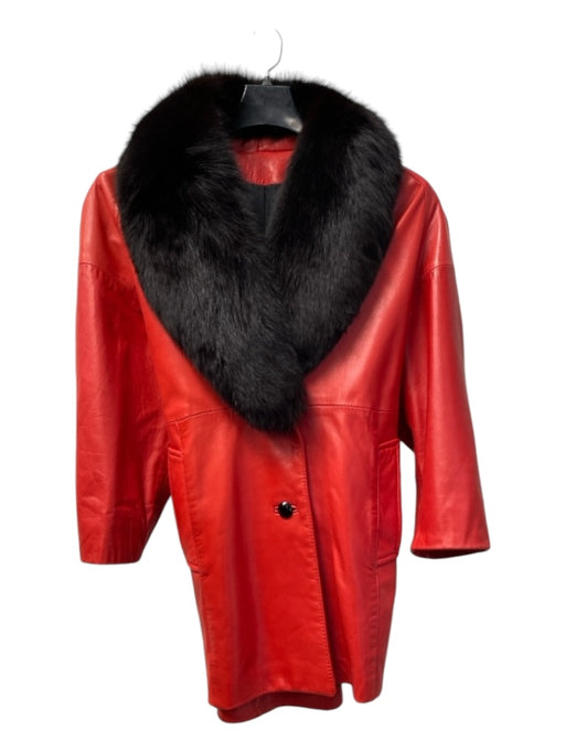 No Brand Size Est M Red & Black Leather Fox Fur Collar Long Sleeve Belted Coat Red & Black / Est M