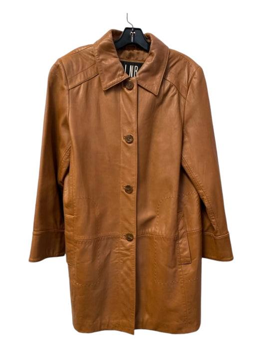 LNR Size L Tan Leather Collared Button Front Side Pockets Long Sleeve Coat Labels Resale Boutique