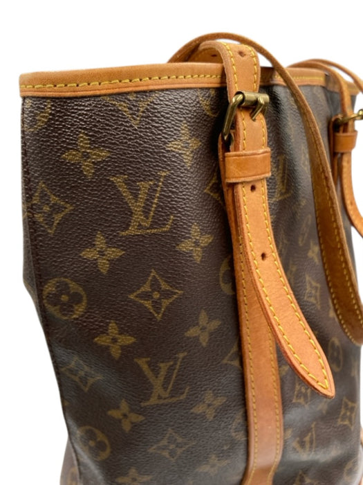 Louis Vuitton Brown Coated Canvas Monogram Leather Trim Bucket Shoulder Bag Brown / GM