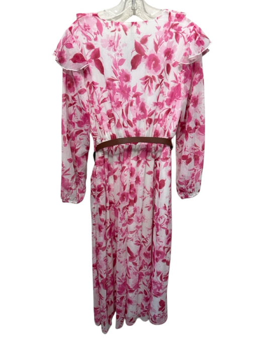 Nikky Size Medium White & Pink Floral Abstract Sheer Long Sleeve Maxi Dress White & Pink / Medium