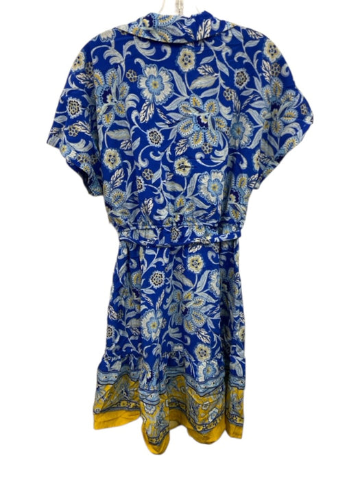 Sam Edelman Size 12 Blue & Yellow Rayon Blend Short Sleeve Split Neck Dress Blue & Yellow / 12