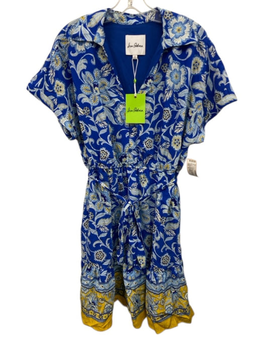 Sam Edelman Size 12 Blue & Yellow Rayon Blend Short Sleeve Split Neck Dress Blue & Yellow / 12