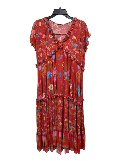 Spell & The Gypsy Size XS Red Print Rayon V Neck Ruffle Detail Tiered Dress Red Print / XS