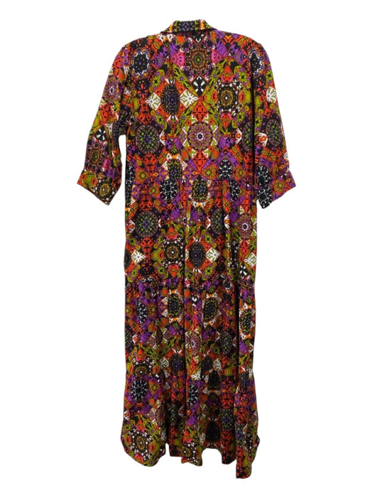 The Oula Company Size XL Black & Multi Cotton Short Sleeve V Neck Maxi Dress Black & Multi / XL