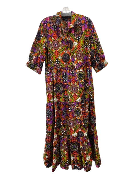 The Oula Company Size XL Black & Multi Cotton Short Sleeve V Neck Maxi Dress Black & Multi / XL