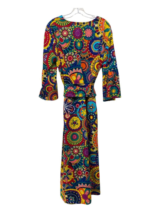 The Oula Company Size XL Blue & Yellow Print Cotton Half Sleeve Midi Sash Dress Blue & Yellow Print / XL