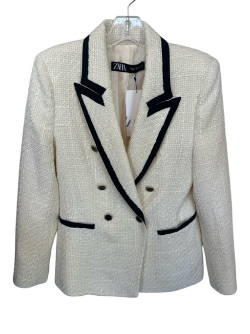 Zara Size M Cream & Black Polyester Tweed Shoulder Pads Double Breasted Jacket Cream & Black / M