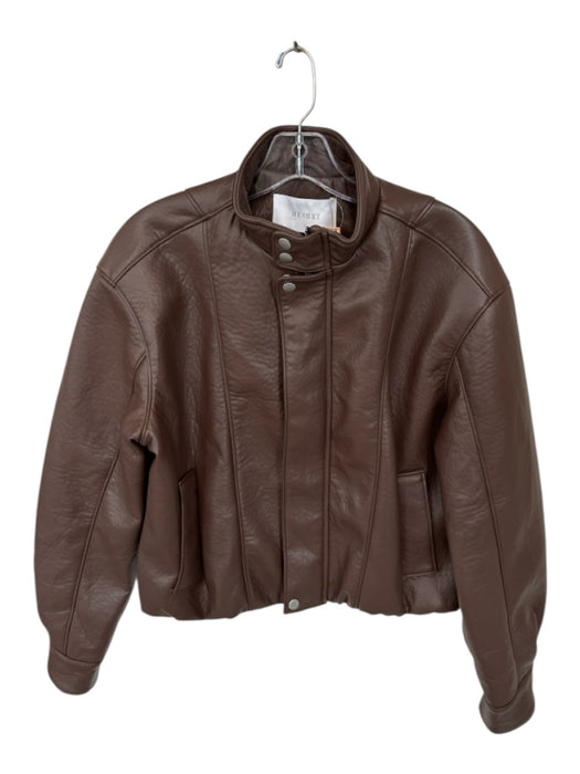 Meshki Size S Brown Vegan Leather Long Sleeve Full ZIp Bomber Moto Jacket Brown / S