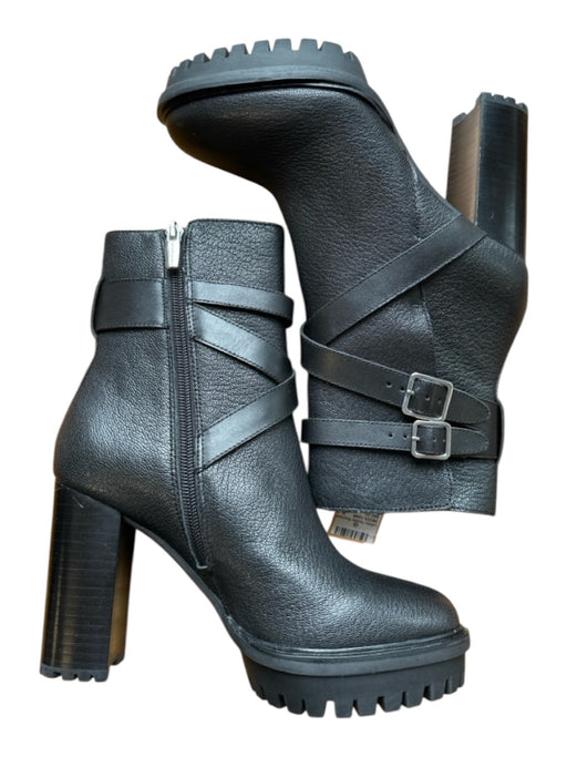 Vince Camuto Shoe Size 6.5 Black Leather Block Heel Buckles Side Zip Booties Black / 6.5