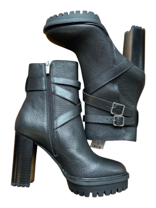 Vince Camuto Shoe Size 6.5 Black Leather Block Heel Buckles Side Zip Booties Black / 6.5