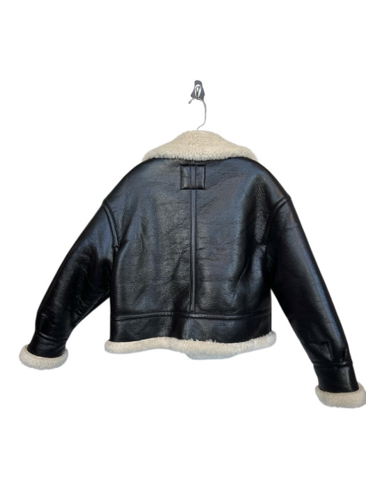 Zara Size S Black & Cream Vegan Leather Faux Shearling Full ZIp Moto Short Coat Black & Cream / S