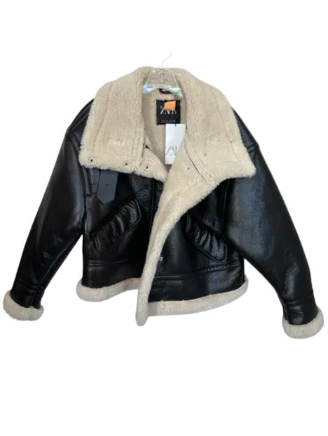 Zara Size S Black & Cream Vegan Leather Faux Shearling Full ZIp Moto Short Coat Black & Cream / S