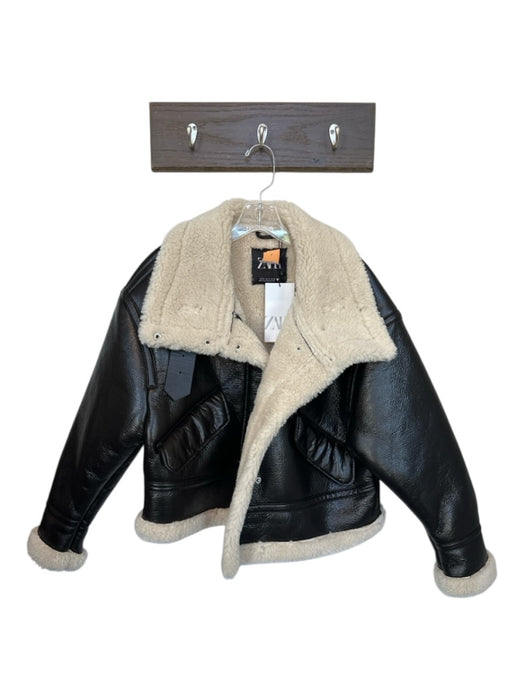 Zara Size S Black & Cream Vegan Leather Faux Shearling Full ZIp Moto Short Coat Black & Cream / S