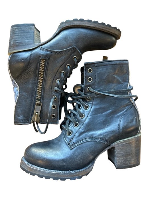 Free Bird Shoe Size 6 Navy Leather Block Heel Lace Up Side Zip Moto Booties Navy / 6