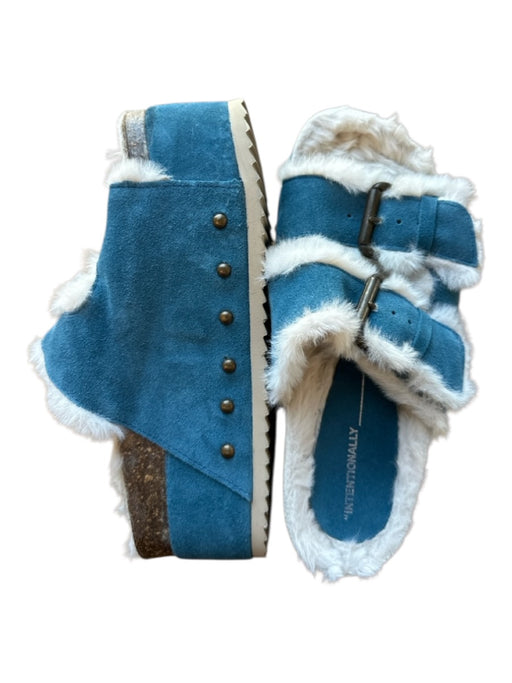Intentionally Shoe Size 36 Teal & White Suede Platform Fur Lined Buckles Sandals Teal & White / 36