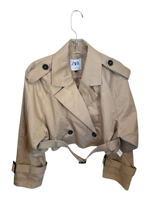 Zara Size S Tan Cotton Double Breast Belted Cropped Raw Hem Jacket Tan / S