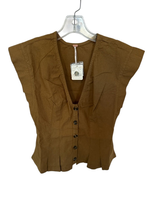 Free People Size S Light Brown Cotton Cap Sleeve Pleat Detail Button Down Top Light Brown / S