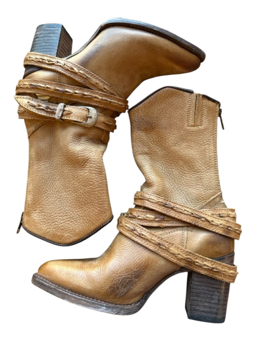Free Bird Shoe Size 7 Tan Leather Block Heel Braided Back Zip Cowboy Boots Tan / 7