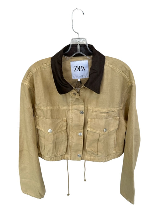 Zara Size S Tan & brown Cotton Full Zip Cropped Jacket Tan & brown / S